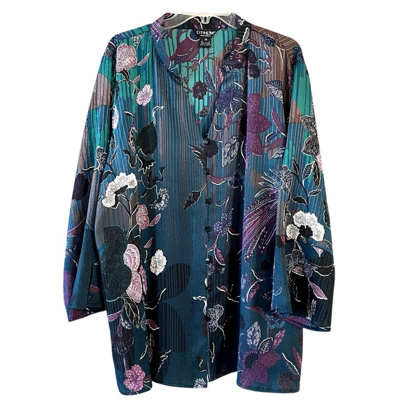 CITRON SANTA MONICA Size 3XL Purple Blue Floral Silk Textured Long Sleeve Tunic - Picture 1 of 10
